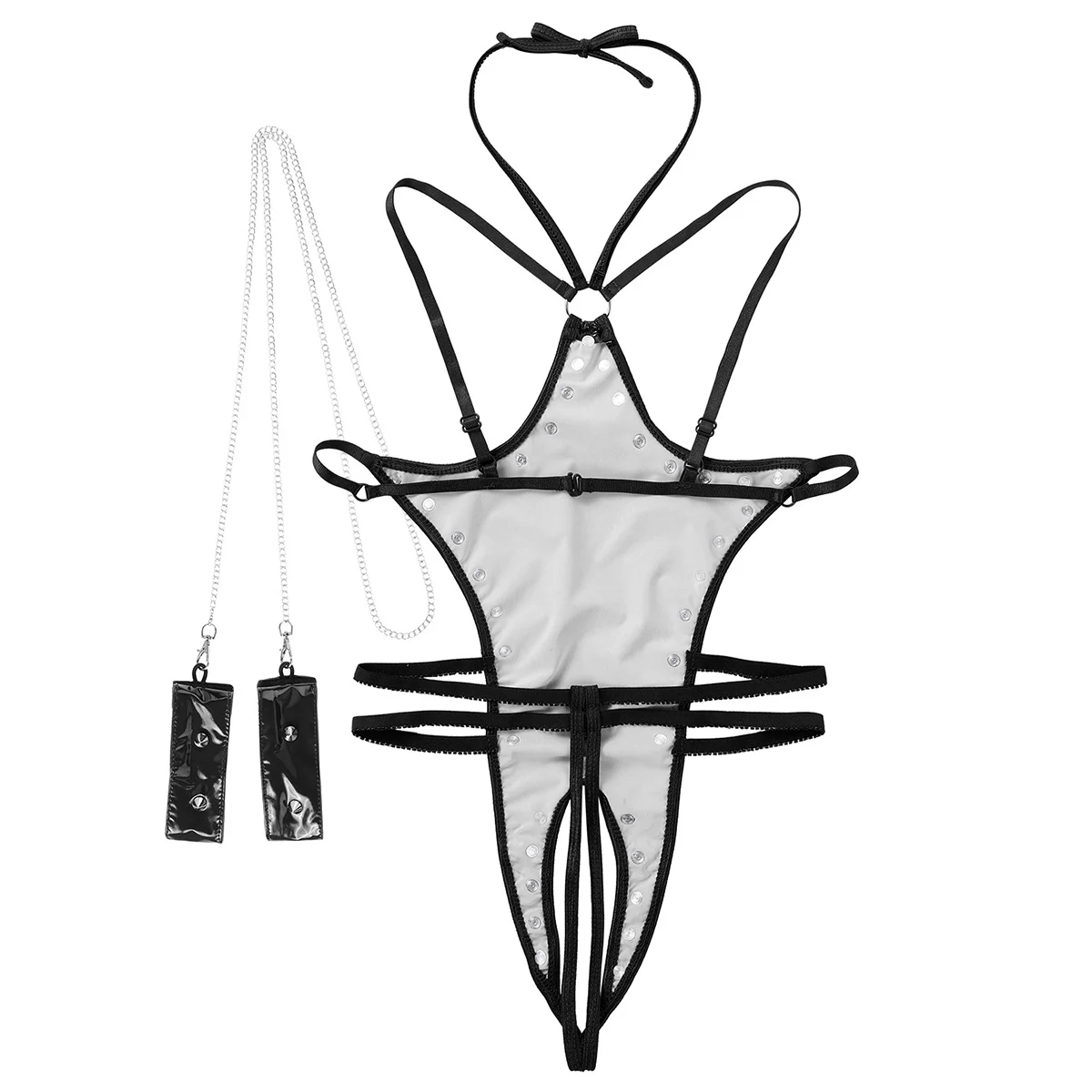 Pvc Leather Sexy Lingerie Crotchless Thong Leotard Halter Neck Bare