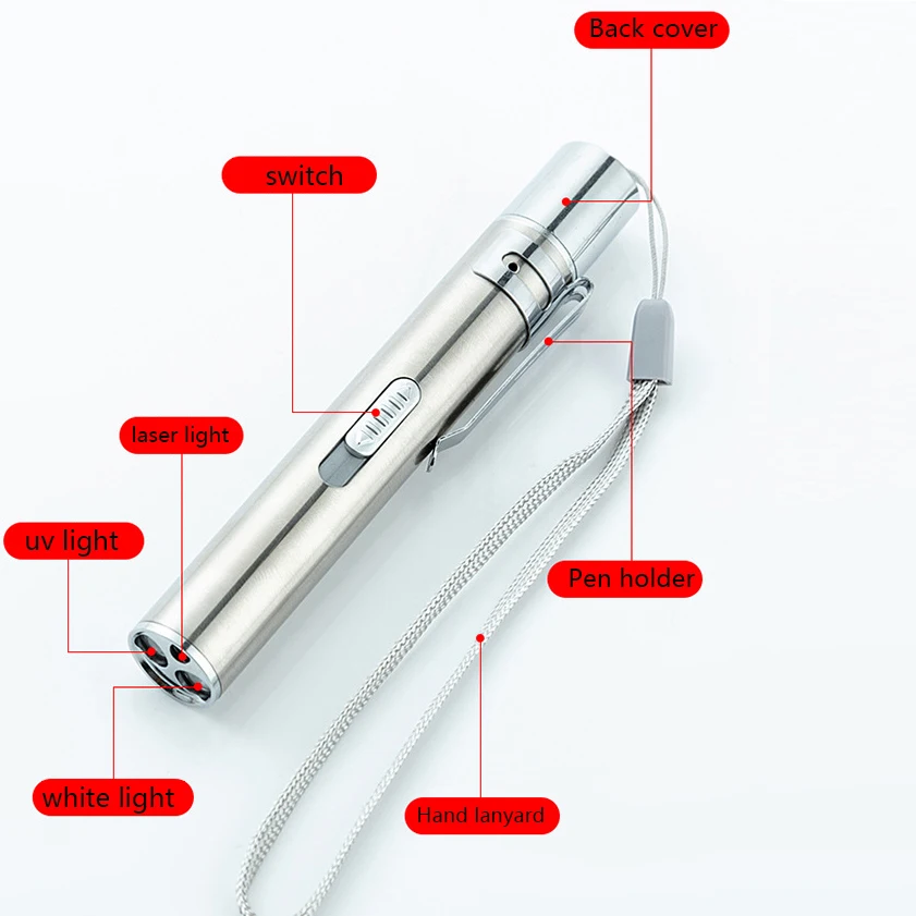 LED Laser Pointer 3 in1 Rechargeable Multi-function Mini USB UV Pen Flashlight 