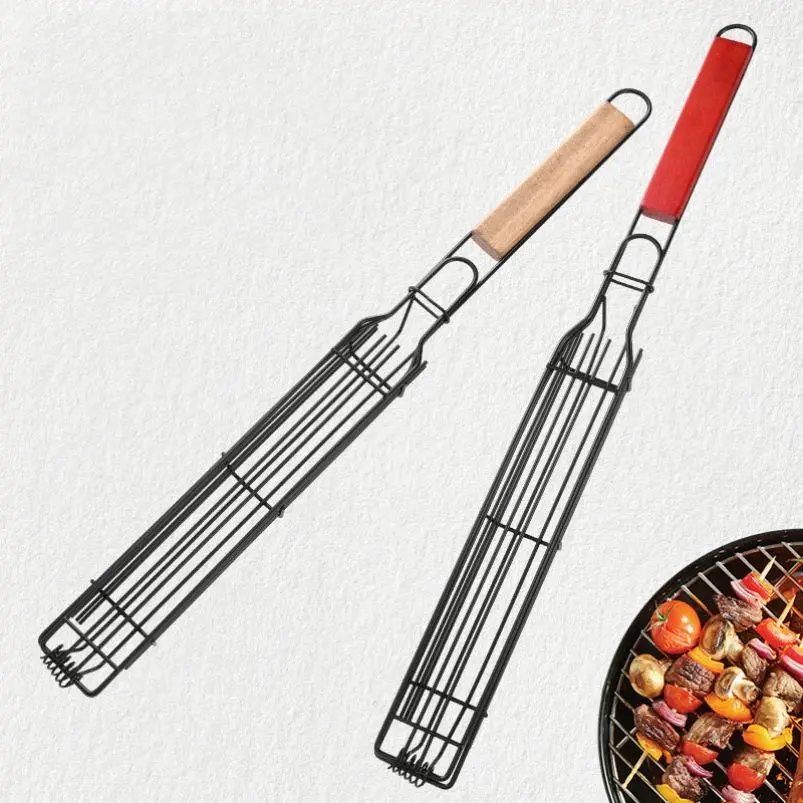 Outdoor Home Grill Stainless Steel BBQ Utensils Wood Handle Heat Resistant Non-Stick Skewers Vegetable Splint Cage Metal Tools factory
