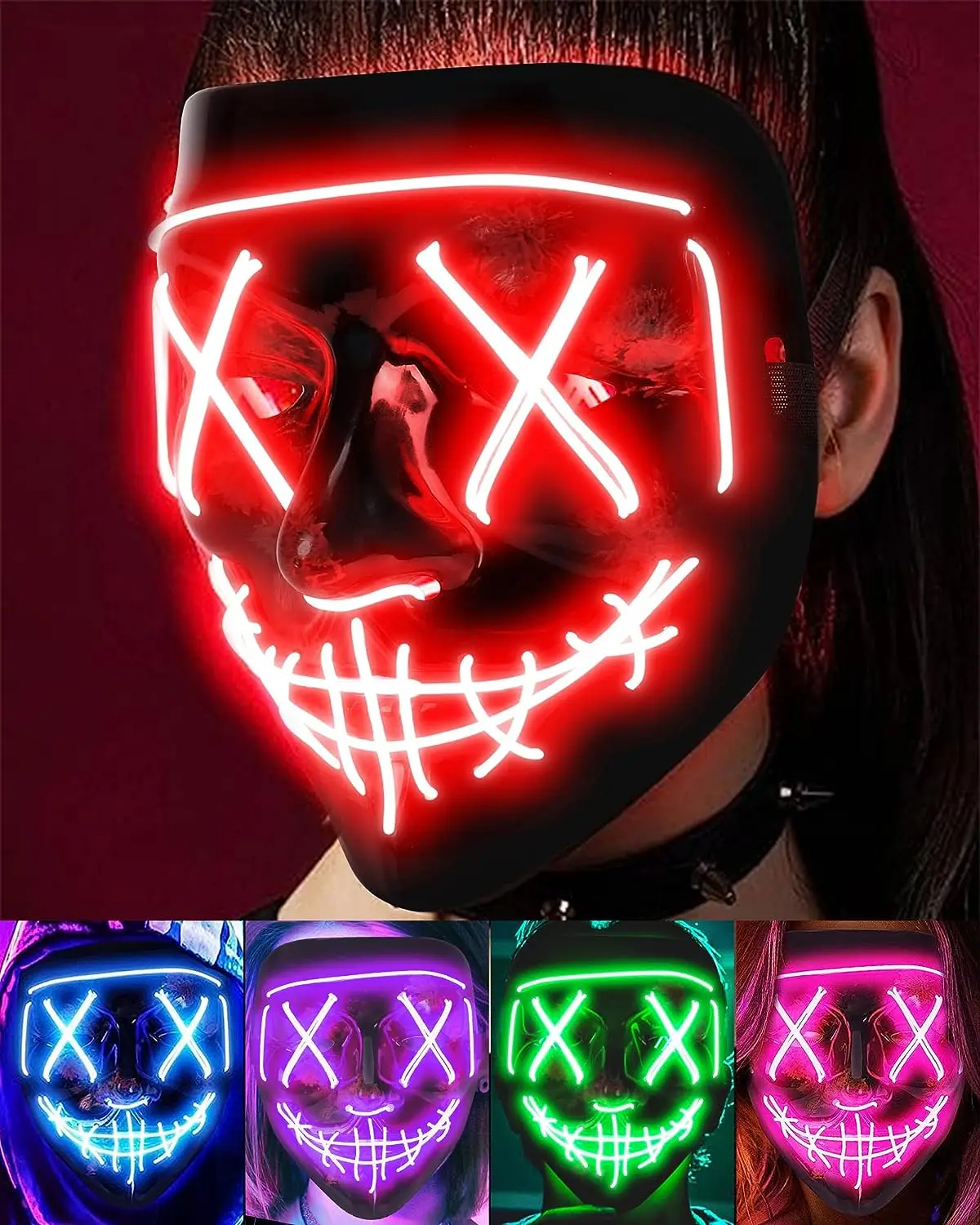Hot Sale Led Glowing Mask Halloween Mask Black V Word With Blood Horror ...