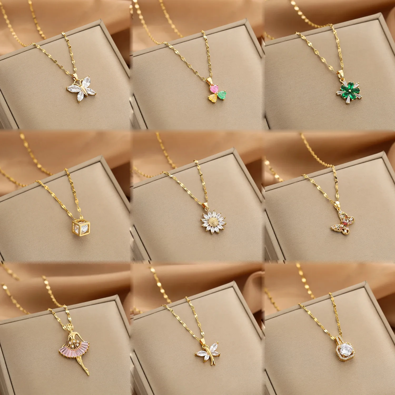 Wholesale Custom Fashionable Stainless Steel Gold Necklaces Bulk Mix Lot Waterproof Cubic Zirconia Necklaces Trend Jewelry Women Buy Necklace Made