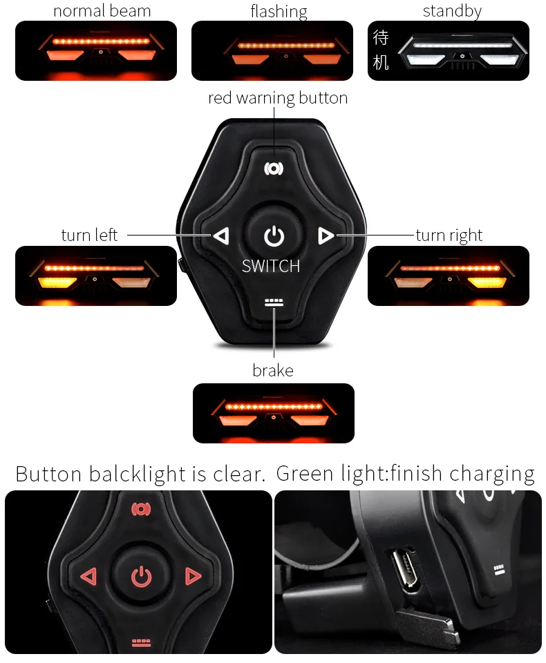 Smart Bike Tail Light Wireless Control Beams Turn Signs Usb