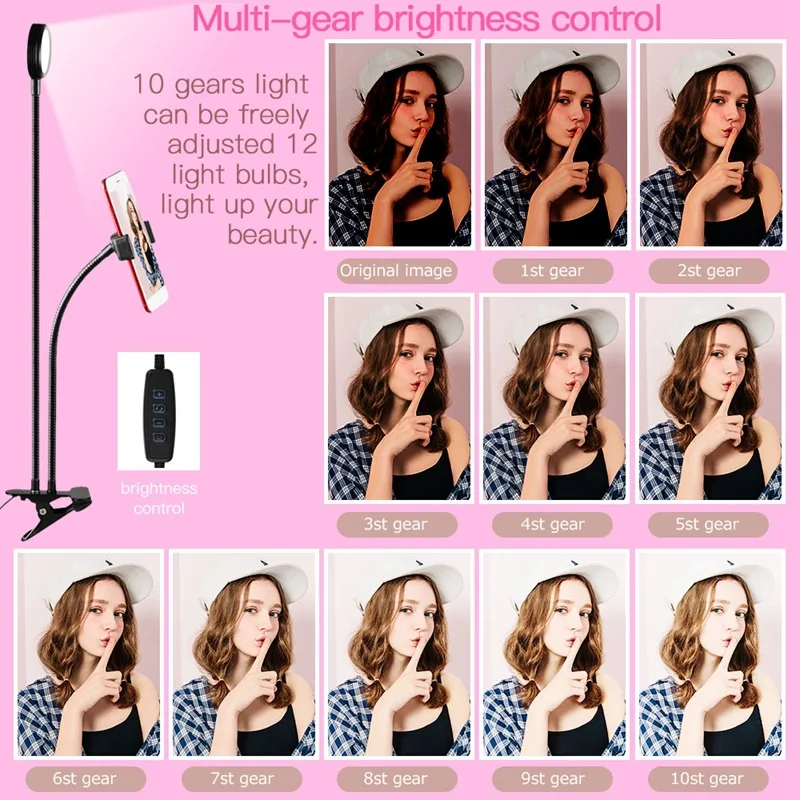 2 in 1 cell phone stand selfie ring light desk lamp with flexible mobile clip holder for live stream