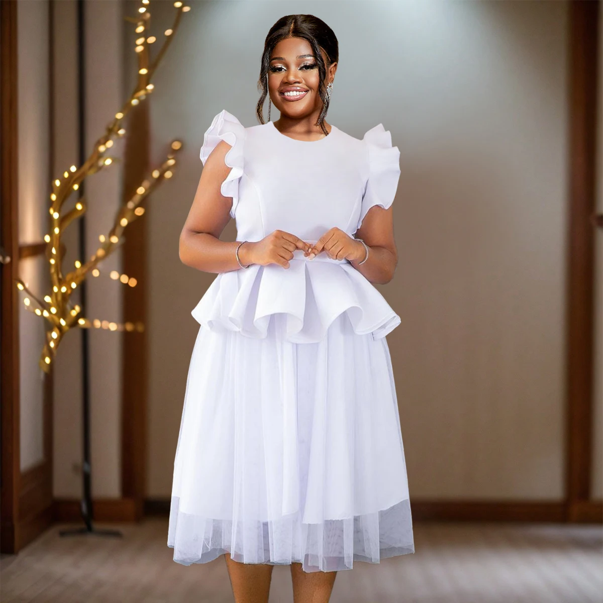 AM041119 Ruffle Sleeve a Line Peplum Stretch Loose Tulle Summer Casual White Dress Girls AM041119 Ruffle Sleeve a Line Peplum Stretch Loose Tulle Summer Casual White Dress Girls