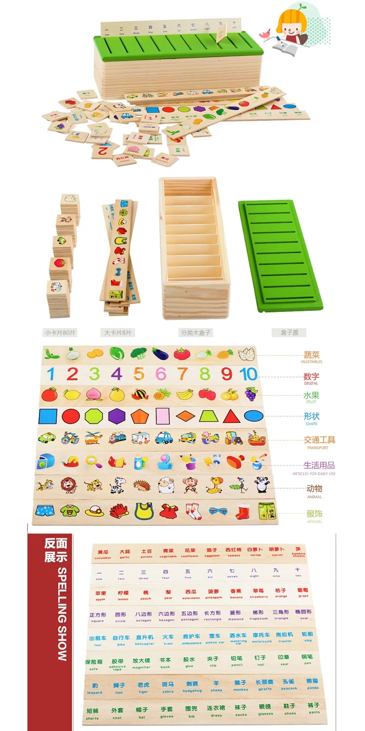 Wooden Knowledge Classification Cognitive Toy Box Montessori Kids