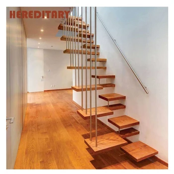 Prefabricated Indoor Home Floating Metal Stairs Wood Treads Staircase With Rod Railing Buy Prefab Metal Stair Railing Floating Staircase Wood Stair