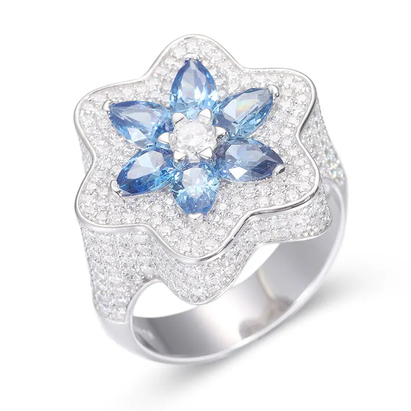 S925 Silver Moissanite Ring for Men Flower Shape with Super Flash Diamond Hip-Hop Style All-Match Natural Diamond Ring