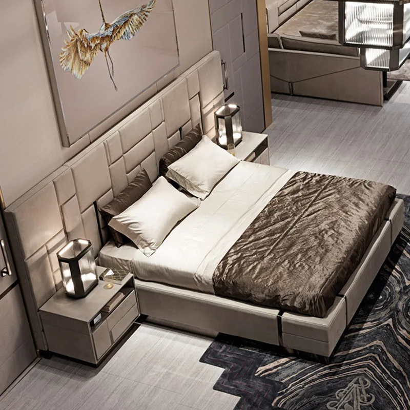 Modern Luxury Bedroom Furniture Upholstered Real Leather Italian Bed