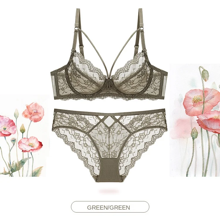 Women's Sexy Lace Ultra-Thin No Sponge Bra Set Transparent Adjusted-Straps Low-Rise Bikini Panties Logo Waist for Large Chest