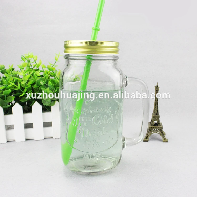 Ice Cold Drinking 20 Oz Glass Mason Jar With Handle And Straw Lids