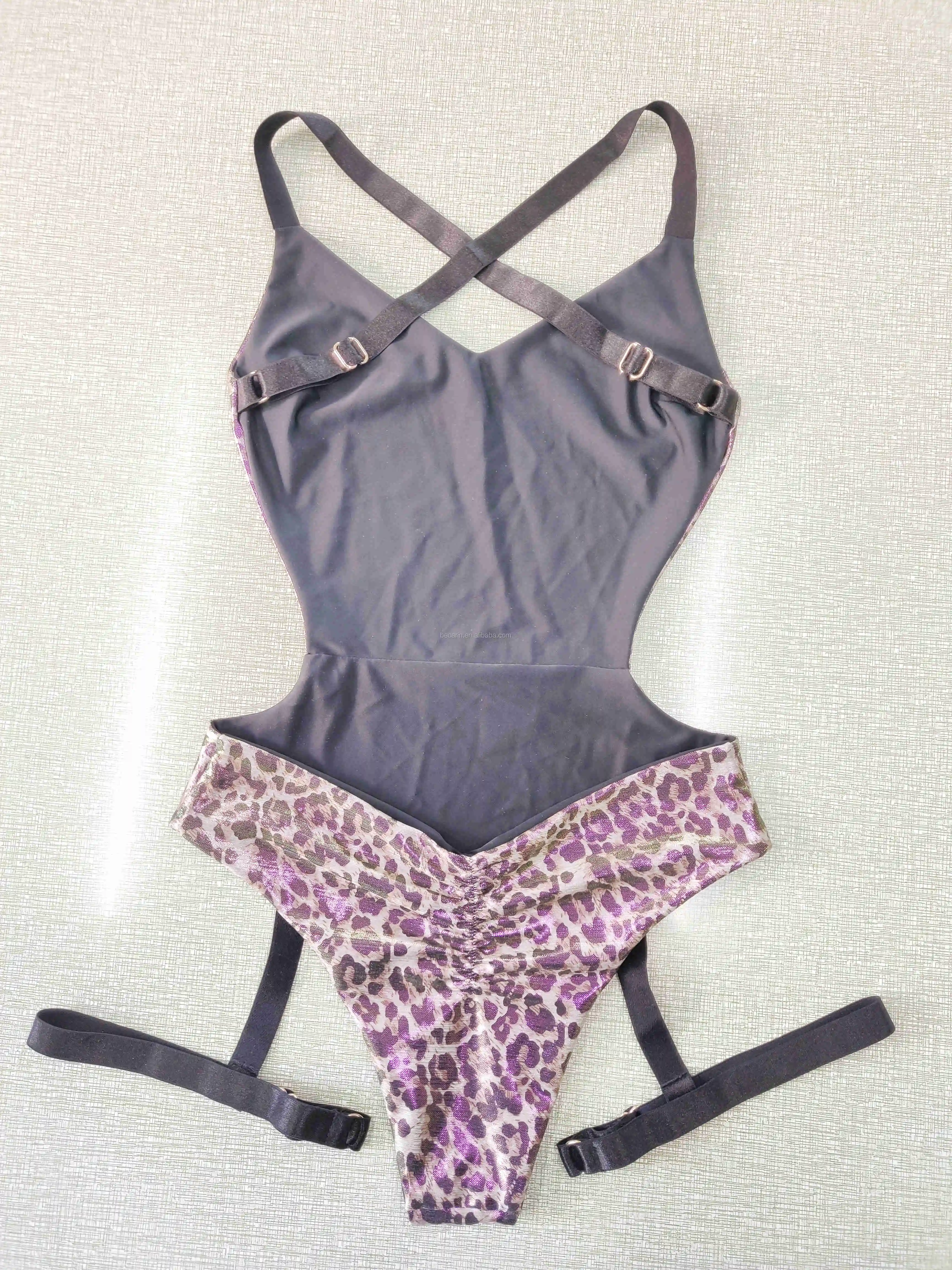 Custom Sexy Shiny Leopard Garter Bodysuit Cross Back Scrunched Bum Pole