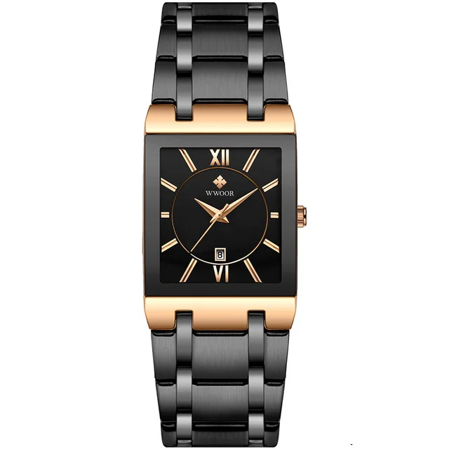 
WWOOR 8858 Men Gold Watch Quartz Stainless Steel Waterproof Wristwatches Business Men Square Sport Watch High Quality 