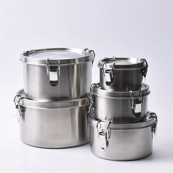 高品质不锈钢食品储存容器bpa免费圆形套装,用于食品储存,带防漏硅胶