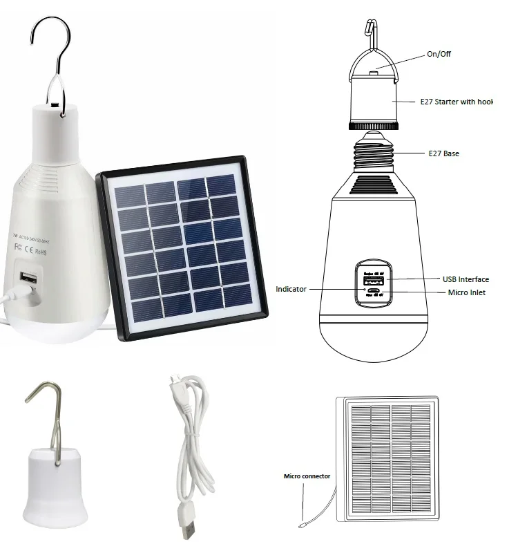 Portable IP44 Waterproof E27 7W 560lm Rechargeable Lamp Emergency LED Light Solar Bulb