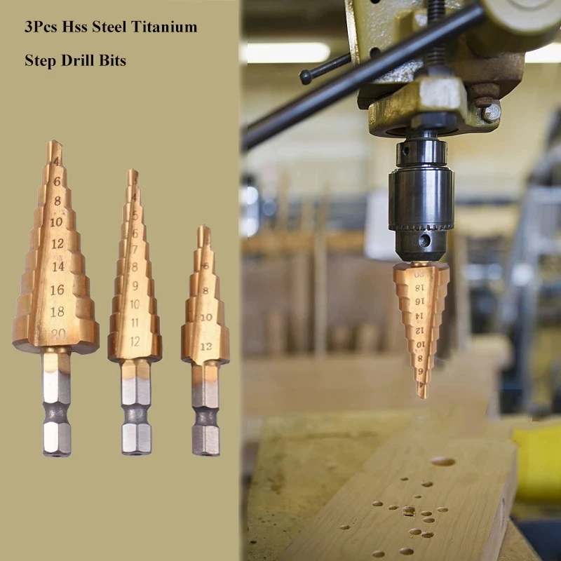 3pcs Hss Steel Titanium Step Drill Bits 3-12mm 4-12mm 4-20mm Step Cone Cutting Tools Steel Woodworking Wood Metal Drilling Set