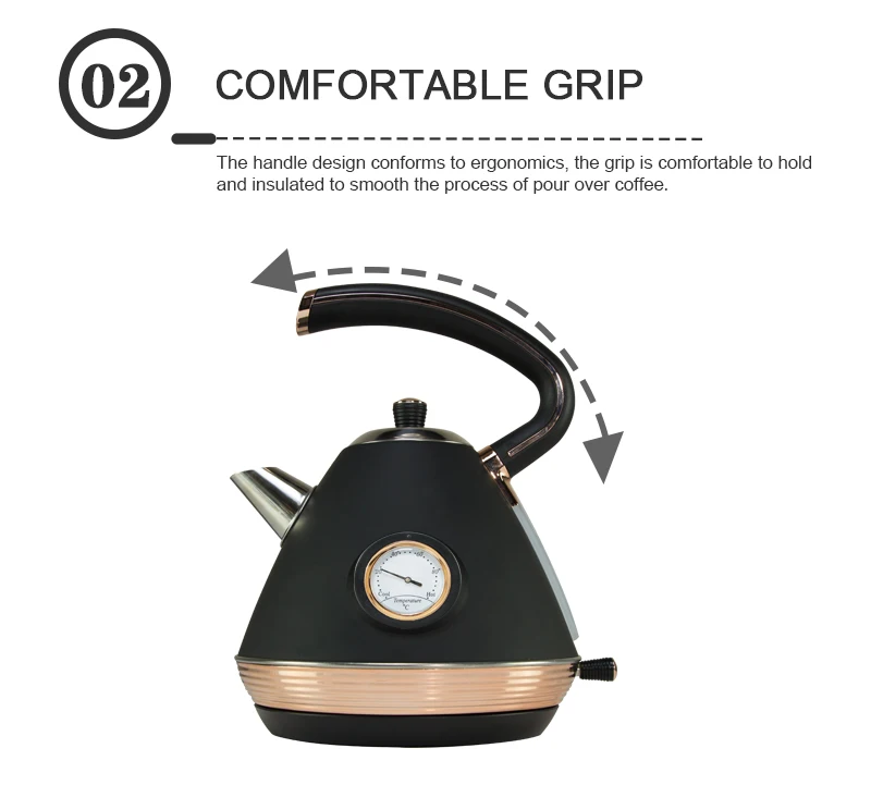 2020 High quality retro rose gold and black color big capacity 1.7L electric water kettle home appliances with thermometer