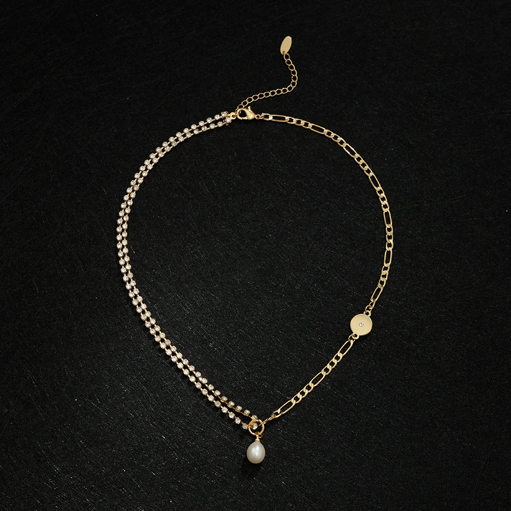 18k金不锈钢费加罗链chocker项链明确的水钻淡水珍珠吊坠项链男/女