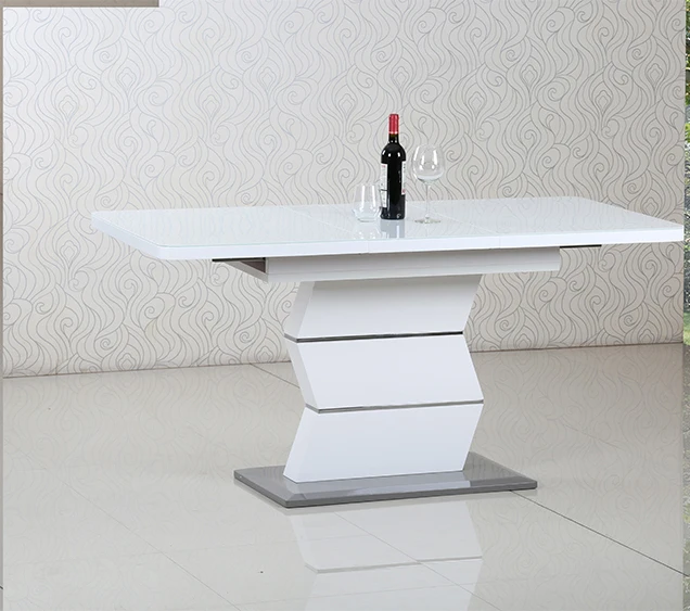 Modern mdf furniture white high gloss extendable expandable adjusted luxury wooden dining table with metal stand\t