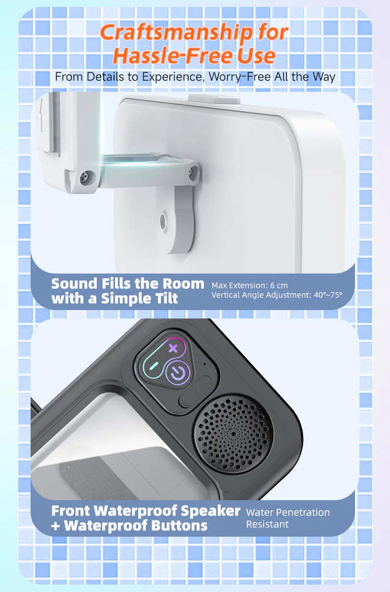 Phone Mount Waterproof Bathroom Phone Holder / Phone Case with Built-in BT Speaker, IPX5, 500-800mAh, Portable Speaker