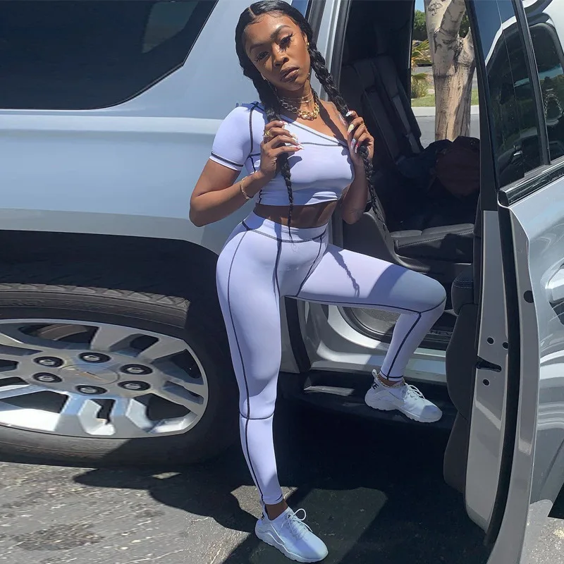 Streetwear One Shoulder Crop Top Women Tracksuit Neon Fitness Sports