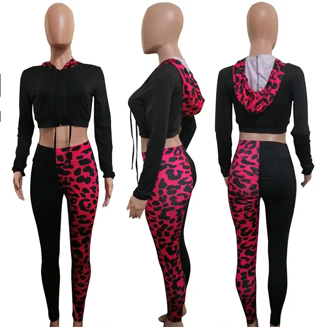 leopard Color Long Sleeve Hooded Sweatshirt Long Pencil Pants Woman Fashion Two Piece Sports Set Women Clothing