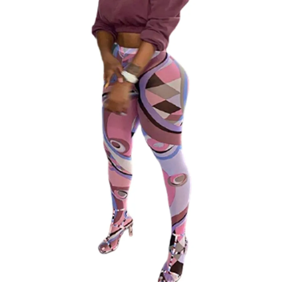 

2021 Spring Asthetic Printed Female Leggings Mid Waist Fitness Skinny Women Workout Pants