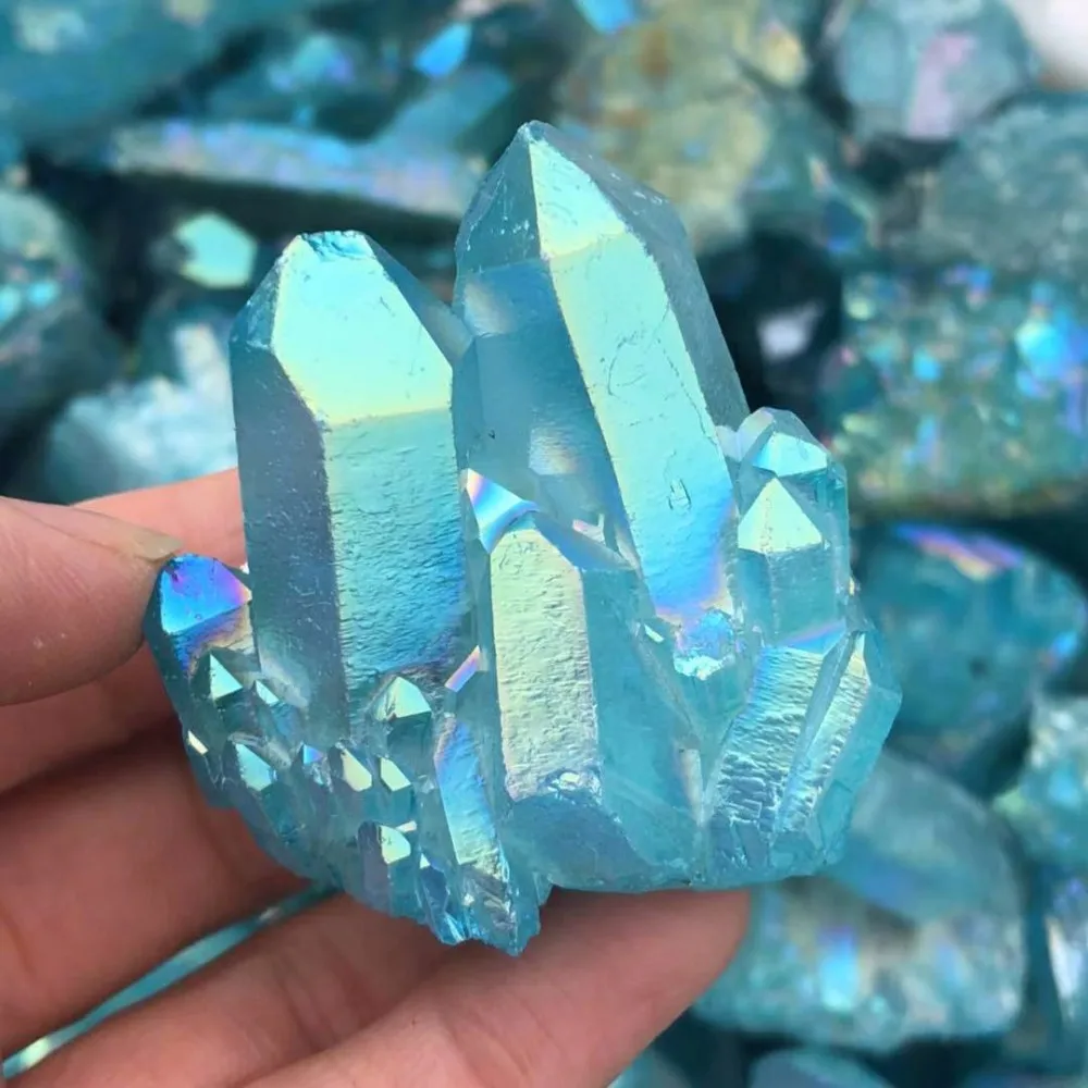 Blue Titanium Rainbow Aura  Lemurian Quartz Crystal Obelisk Point healing 2pc 