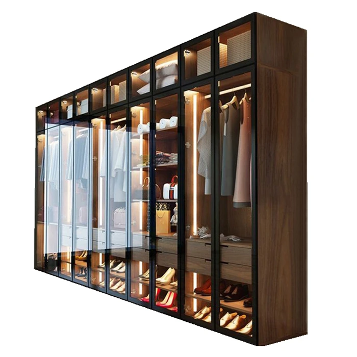 Trlife cloakroom clothing closet glass door wardrobe cabinet wooden almirah designs photos bedroom furniture with LED Light