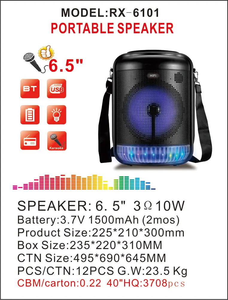 6.5 Inch colorful light portable speaker with microphone USB TF FM RADIO Speaker Model RX-6101 - ANKUX.COM