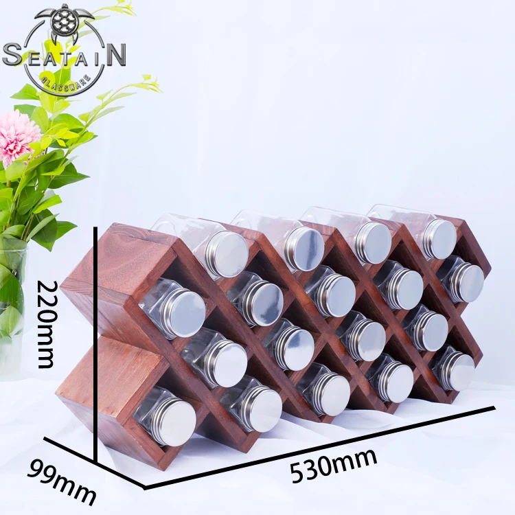 Kitchen Storage Jar Glass Empty Spice Jar Rack Set With Wooden Stand