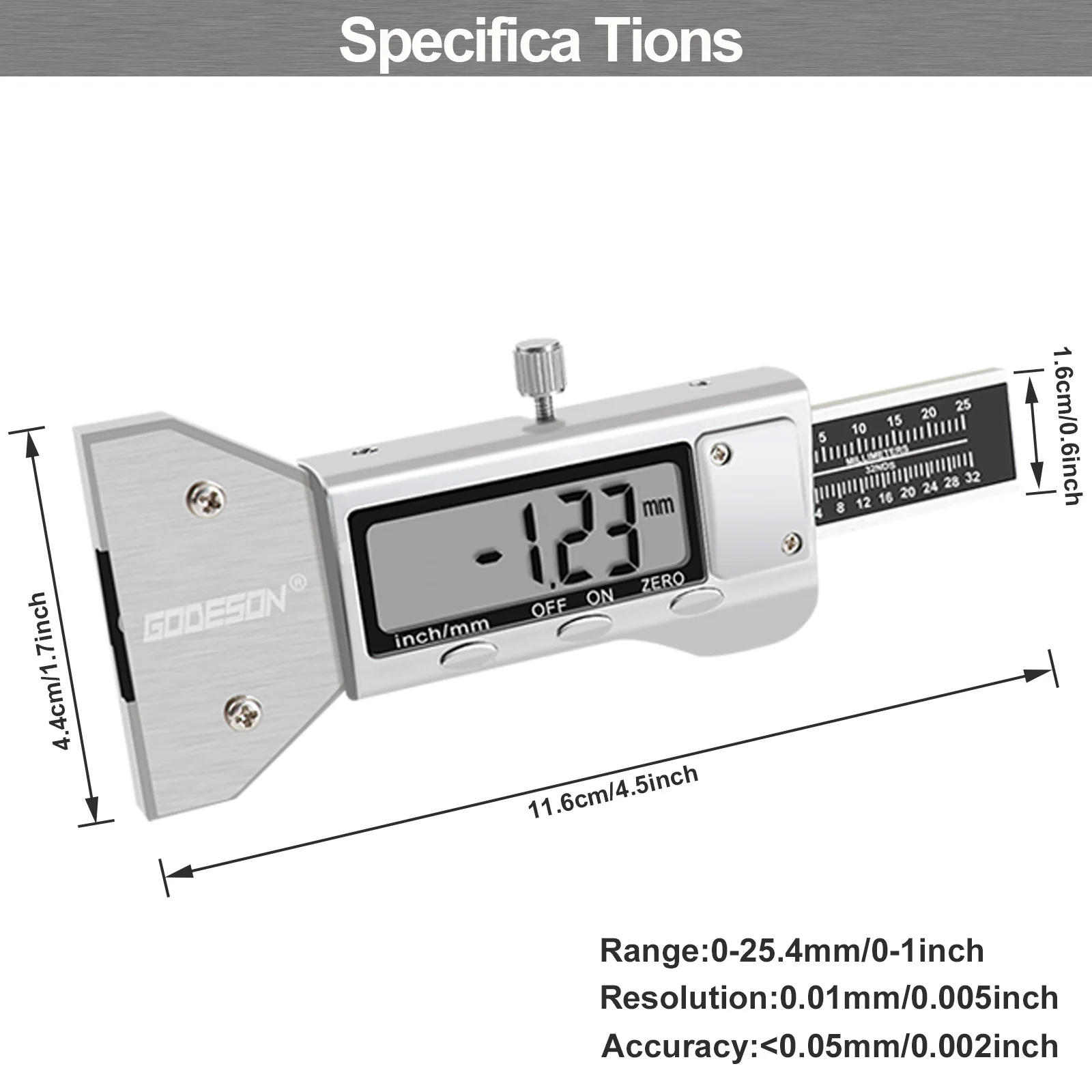 Digital Stainless Steel Material Tire Thread Depth Gauge Large Screen