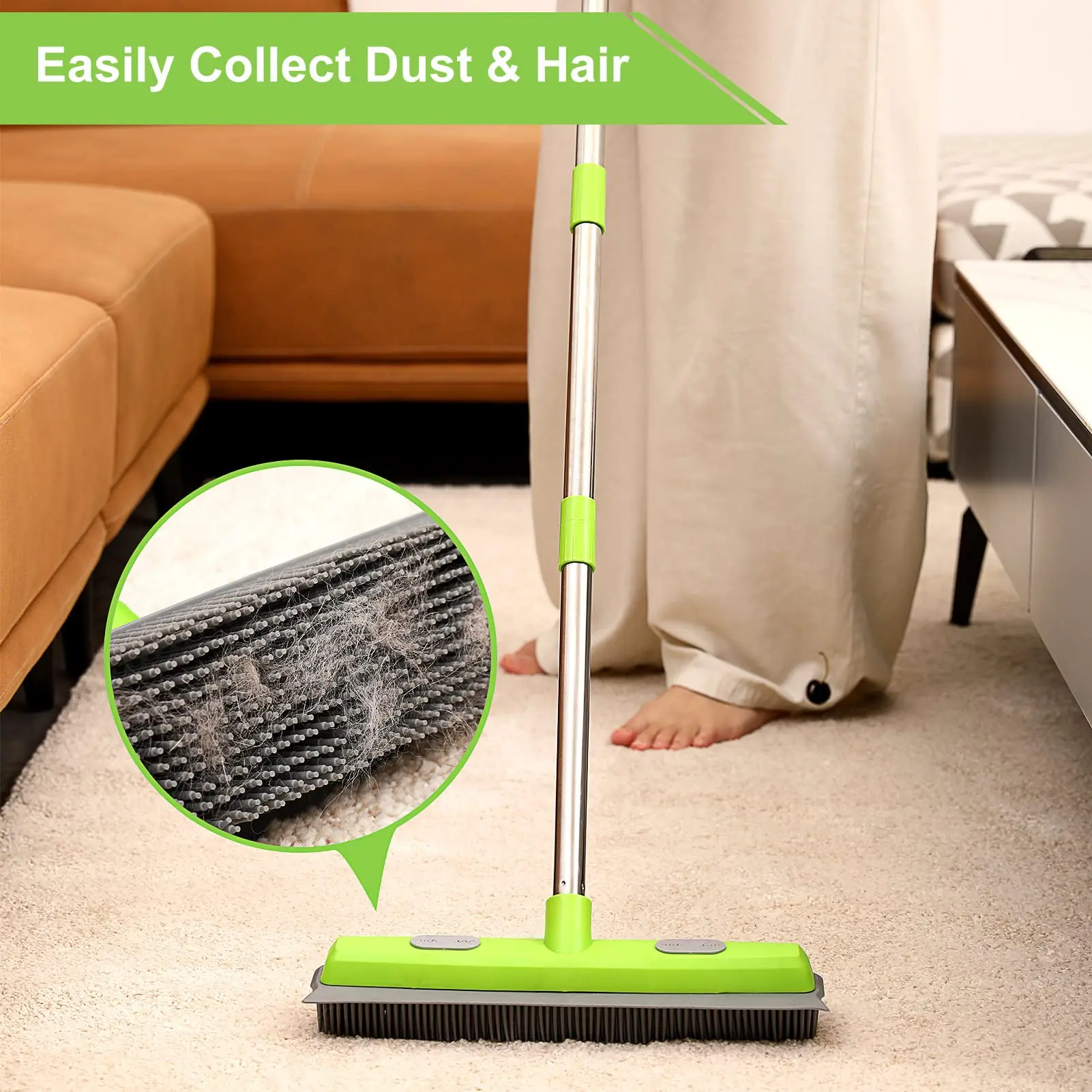 Rubber Broom With Squeegee For Carpet Pet Hair Remover,Portable