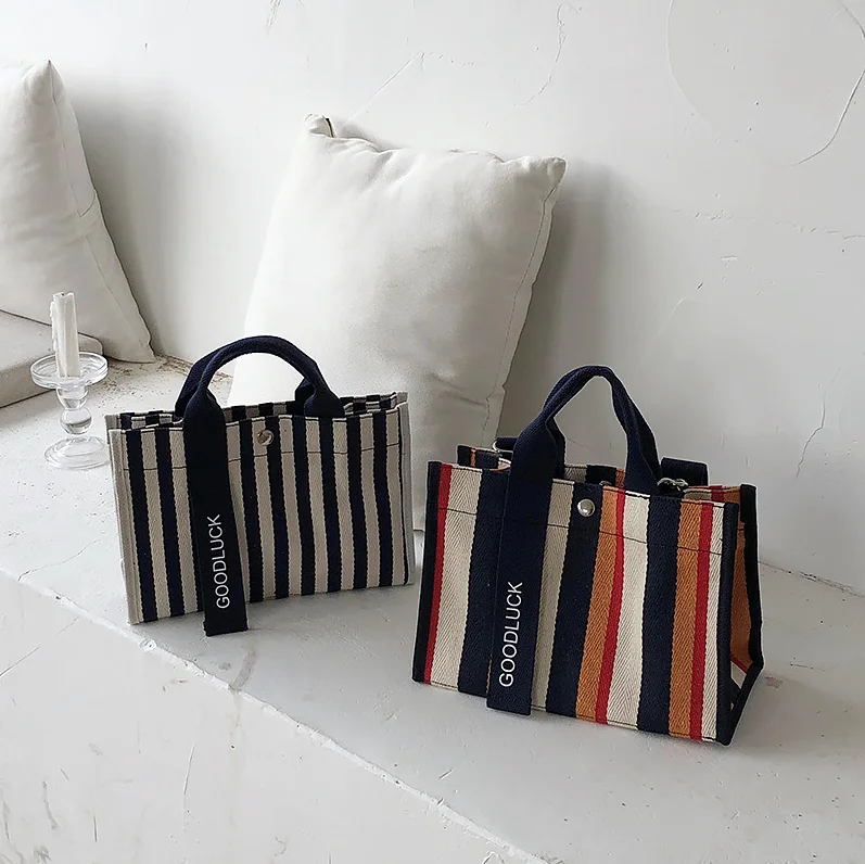 Women Striped Customized Cotton Canvas Bags Casual Large Handbag Canvas