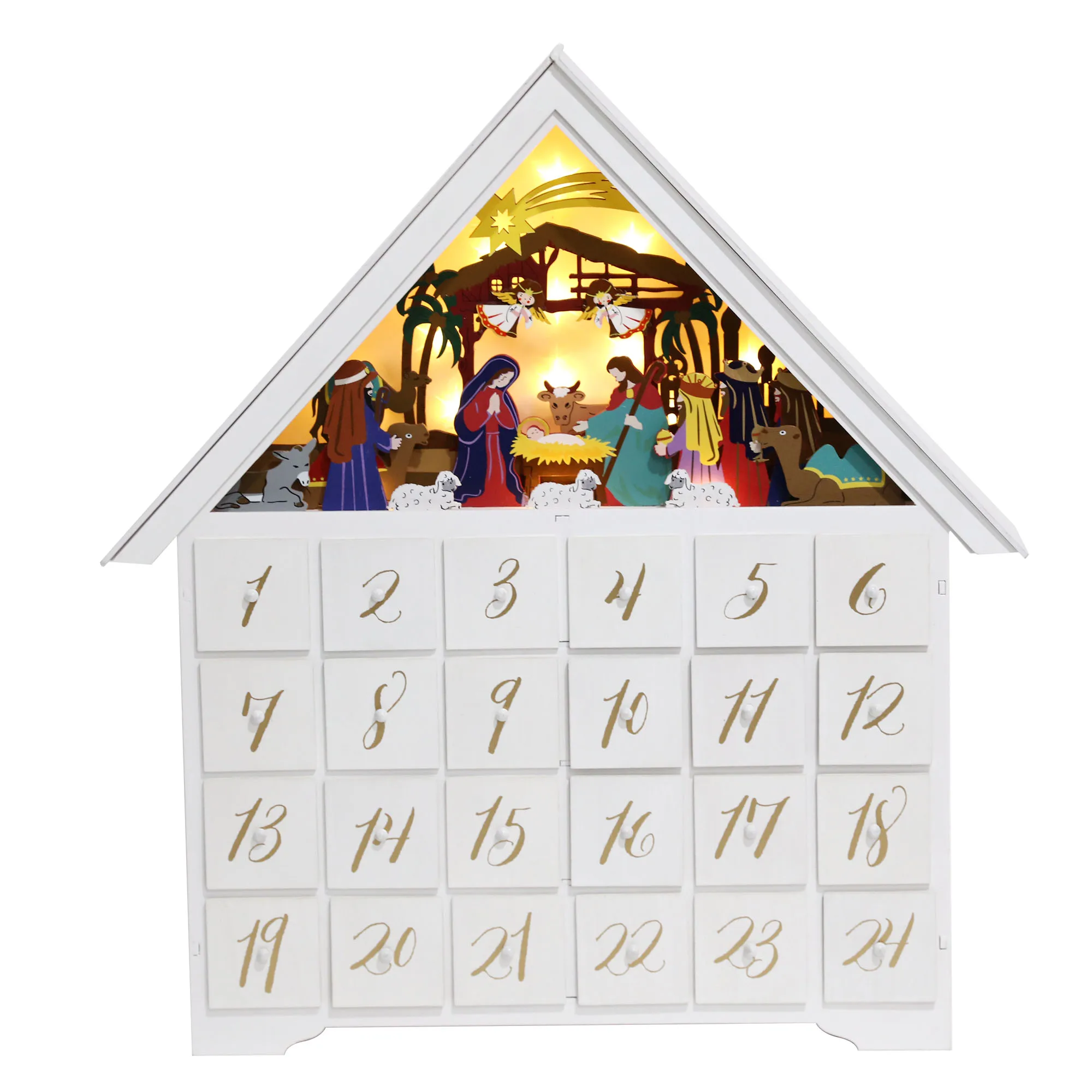 Christmas Wooden Advent Calendar Nativity Scene Large House With 24