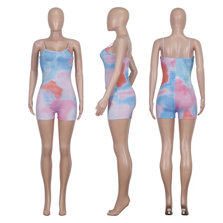 Fashion Ladies Suspender Rompers Boutique Tie Dye Shorts Sexy Summer Beach One Piece Bodycon Women Jumpsuit