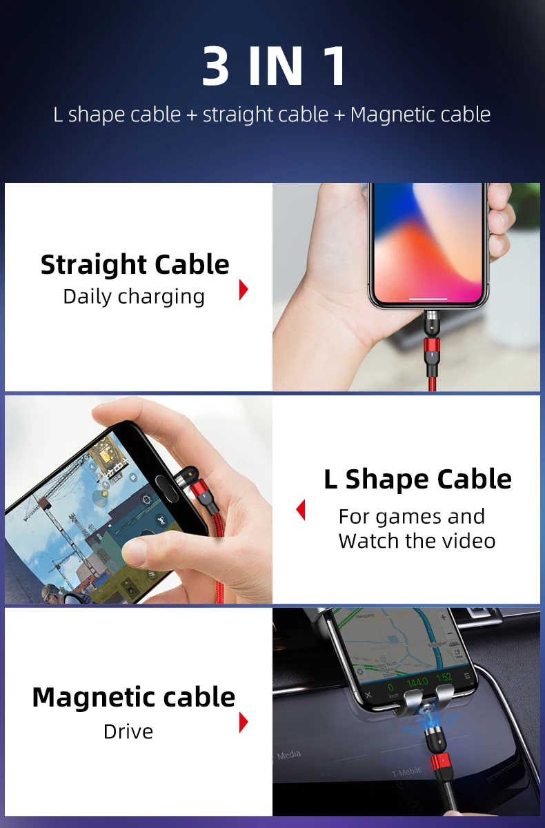 2020 newest magnetic charging cable 540 degree rotation micro usb cable cell phone led charging cable for android USB C / ios