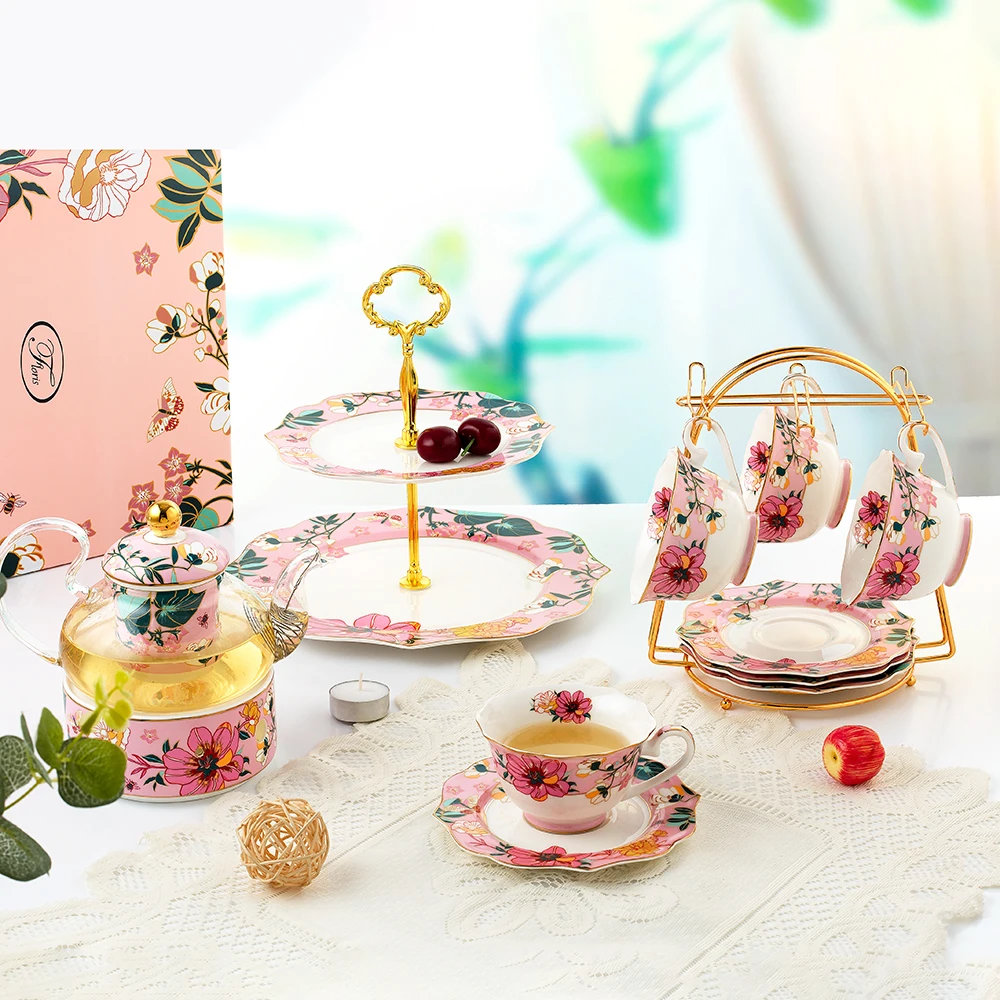 Luxury New style Elegant design ceramic Bone China tea set coffee cup and saucer with tea pot and 2 tires cake stand for gift factory