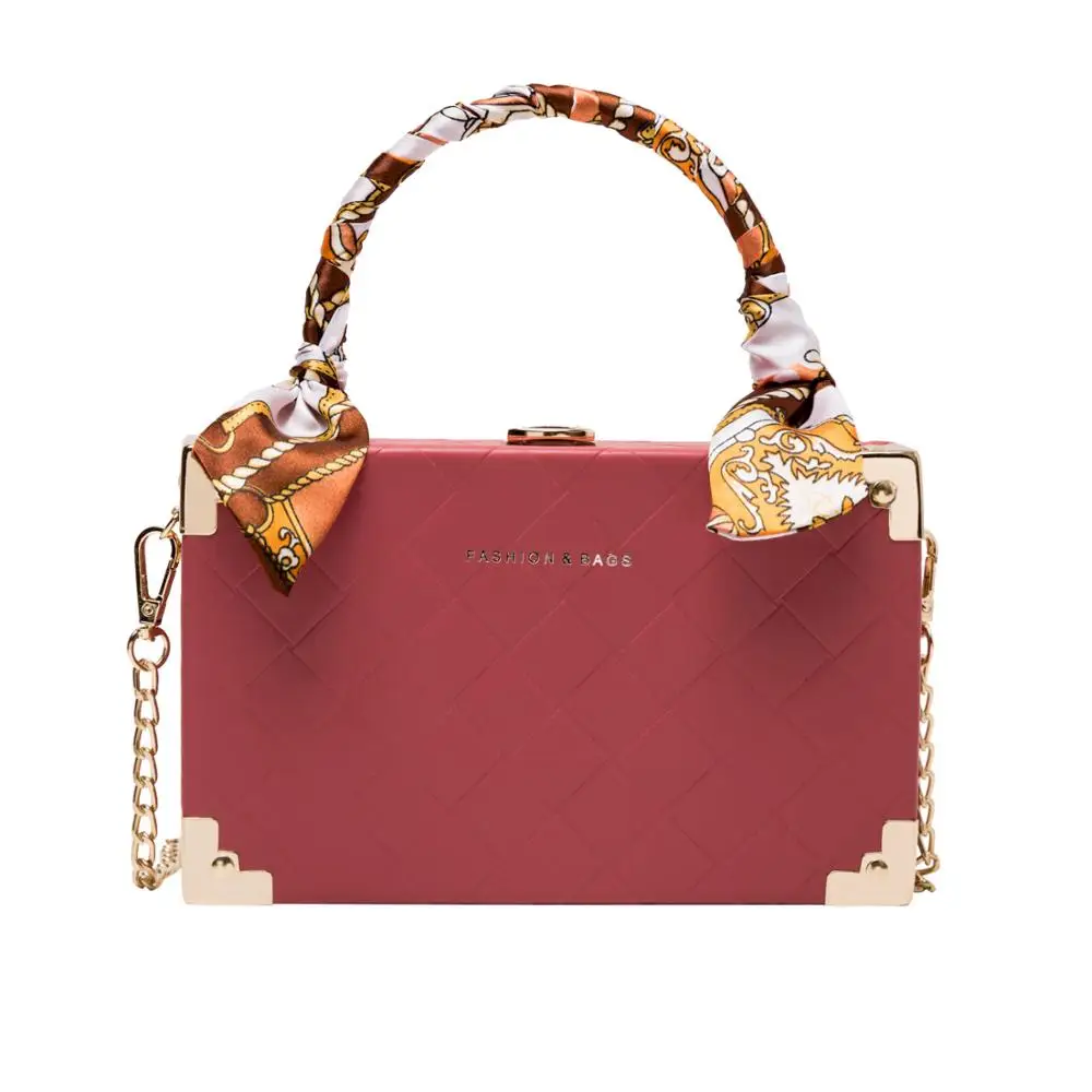 
2020 new shape box PU leather cover metal handle plain crossbody woman bag hand bag with scarves decoration free sample 
