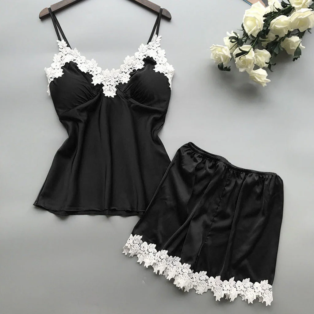 Femmes Sexy dentelle Lingerie vêtements de nuit en satin de soie pamas sous-vêtements nuisette vêtements de nuit courts 2 pièces ensemble_voghion.com