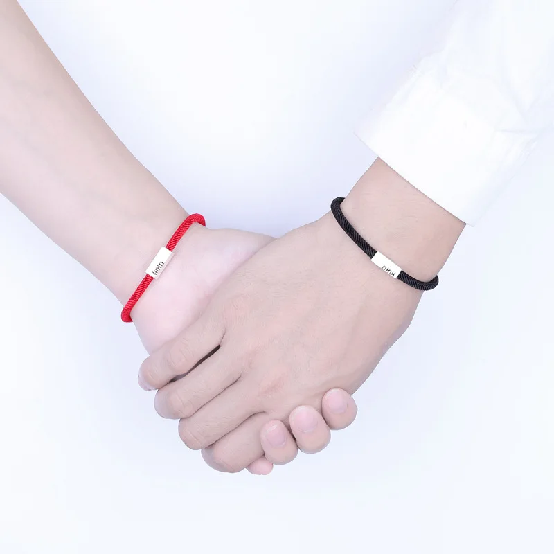 时尚简单手工绳手镯 925 银字手镯情侣手镯