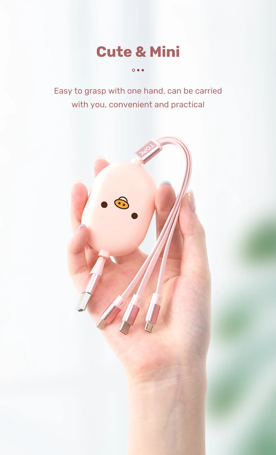 TOPK AN25 Cute Pig 1M 2.4A Micro USB Type C 3 in 1 USB Cable - ANKUX.COM