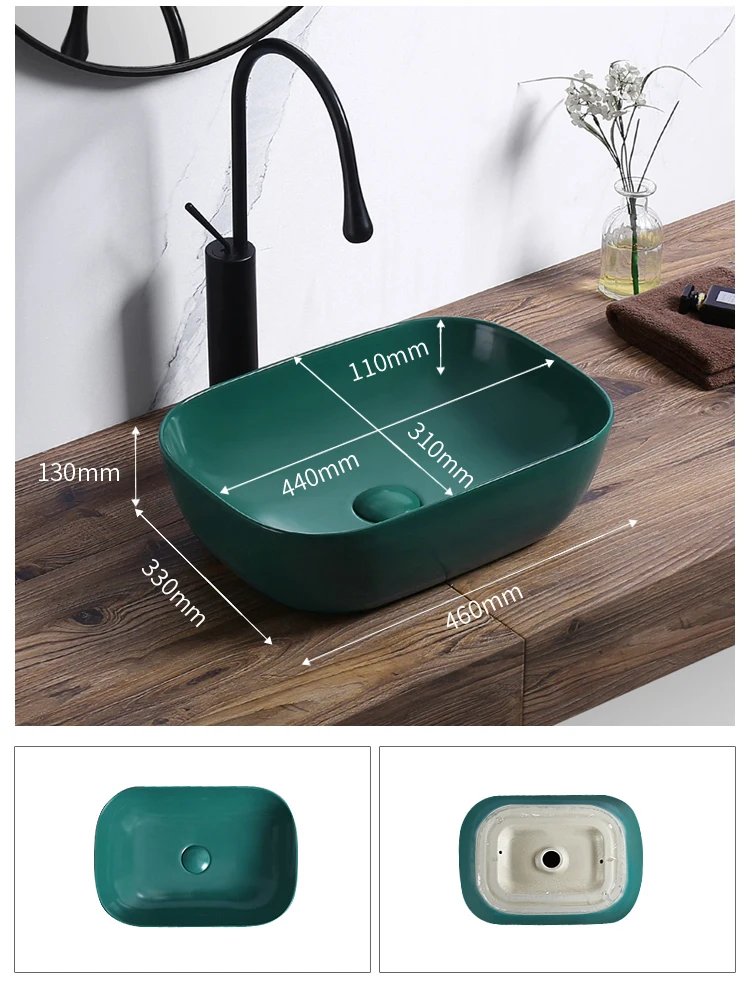 Morden style ceramic square countertop art basin green color rectangular shape hand washbasin bathroom sink factory