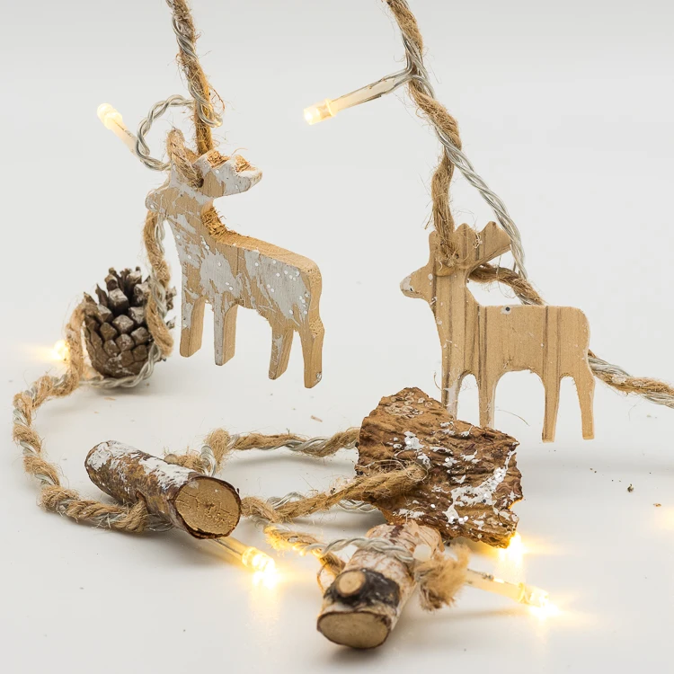 Christmas lights decoration 16LED nature wood crafts light chain with jute rope