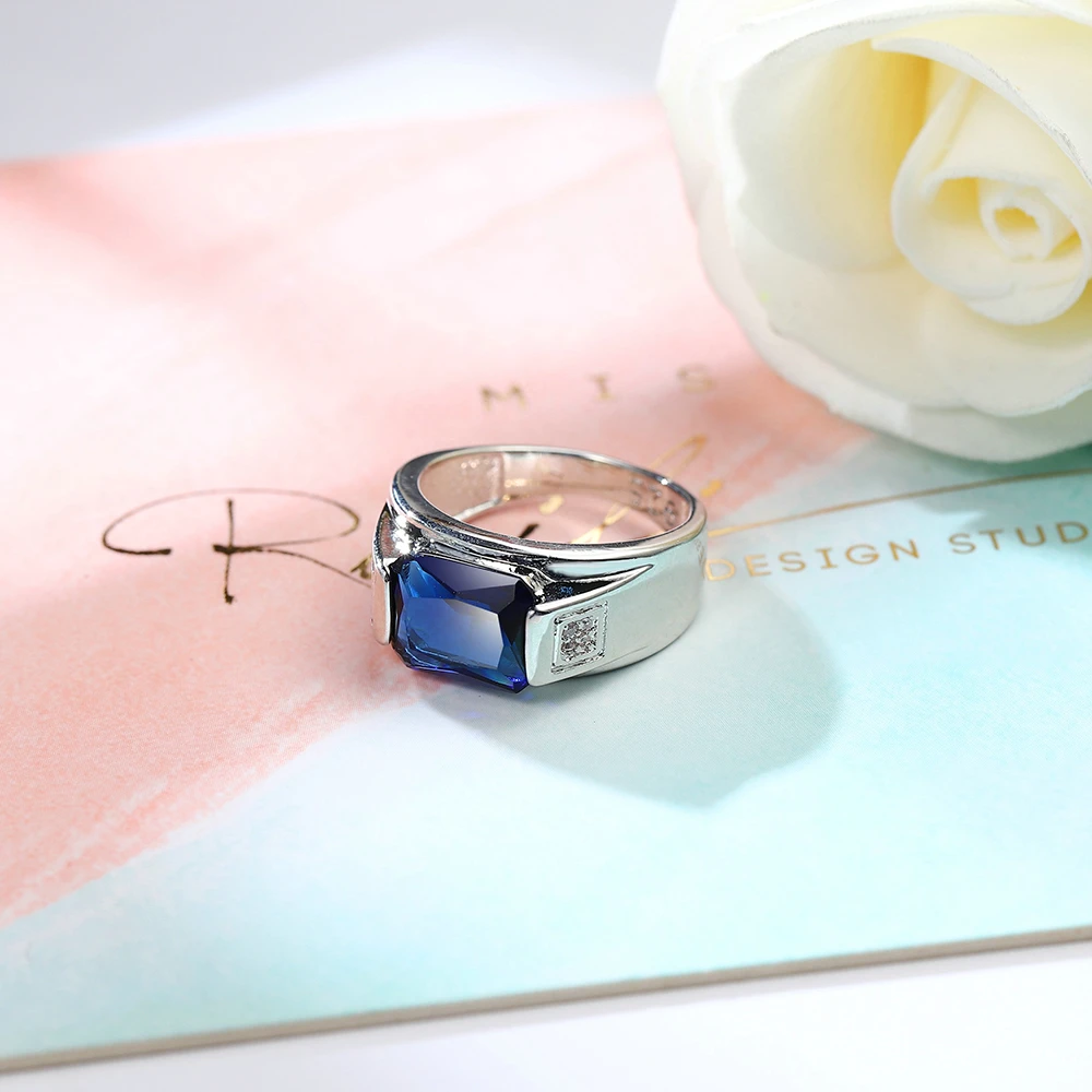 Trendy Big Blue Zircon Stone Vintage Platinum Color art deco Rings accessories for Men Women  Finger Rings Jewelry 2020