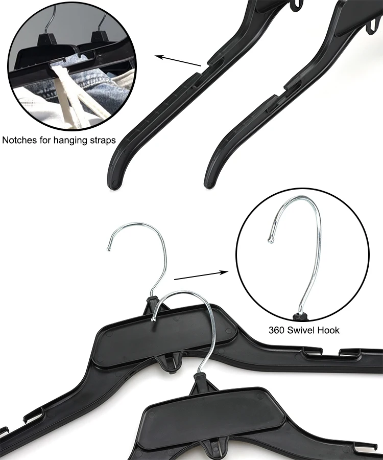 Wholesale Durable Swivel Hook Black Plastic Dress Hangers 484 Clothes