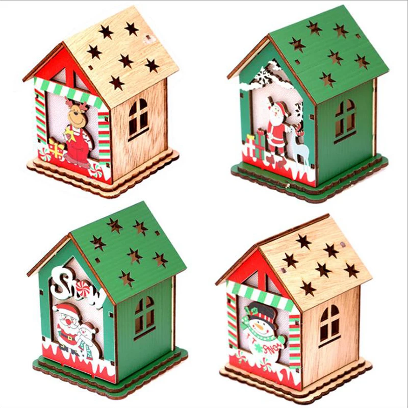 Detachable Village House Christmas Tree Hanging Decoration Wooden House with Led Light