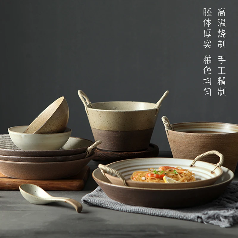 Nordic Retro Stoneware Hemp Rope Deep Plate Dish Ceramic Large Soup Plate Salad Bowl