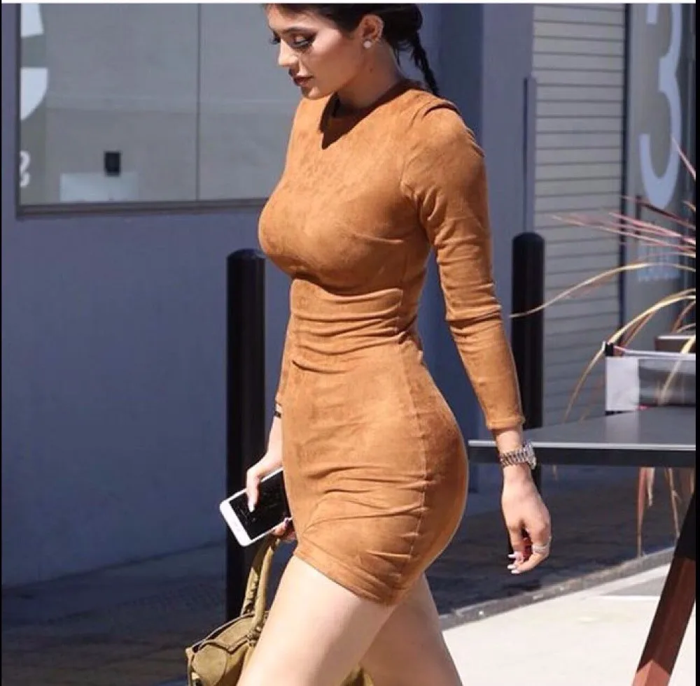 
2020 Long Sleeve Slim Party Dress Sexy Club Brown Vestido Women Winter Dresses Kylie Jenner Skin Tight Faux Suede Bodycon Dress 