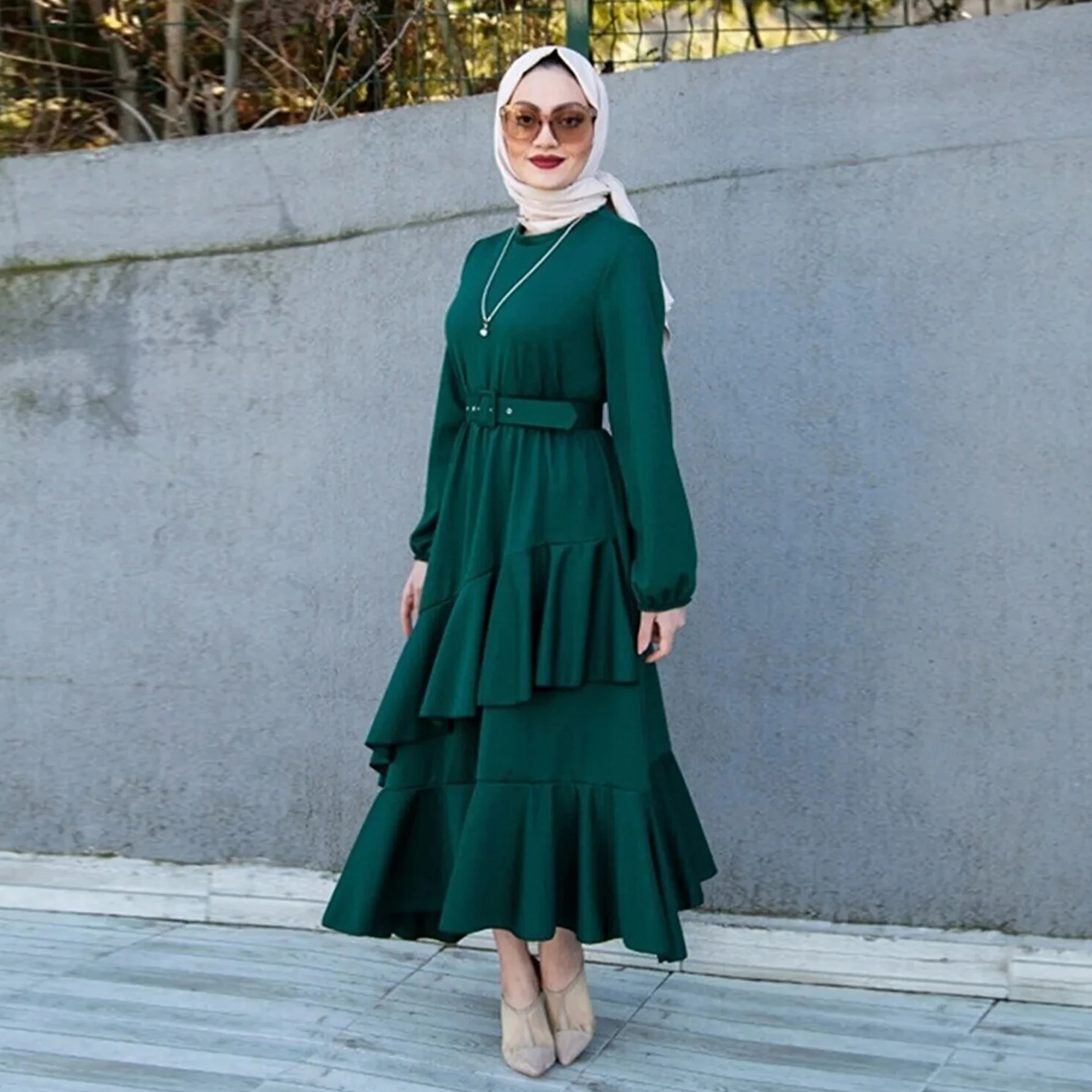 Middle East Women's Clothing Turkey Explosion Long Dress Muslim Dress Double Layer Ruffled Waist Dress