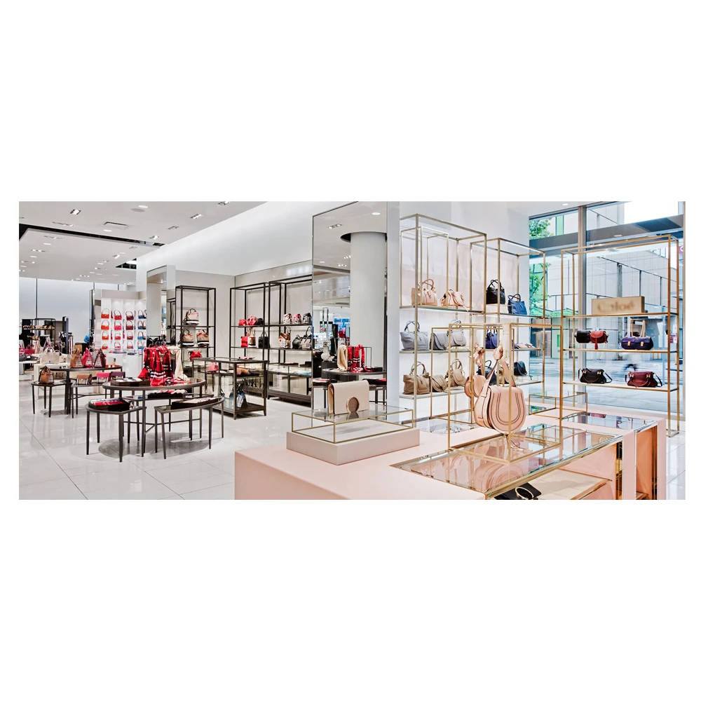 Dubai boutique shop verified custom vision design wooden metal steel retail bags lights store display fixtures for sale